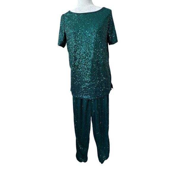 Belle by Kim Gavel Two Piece Set Top Pants Green Sequin QVC Size XS - Picture 1 of 14